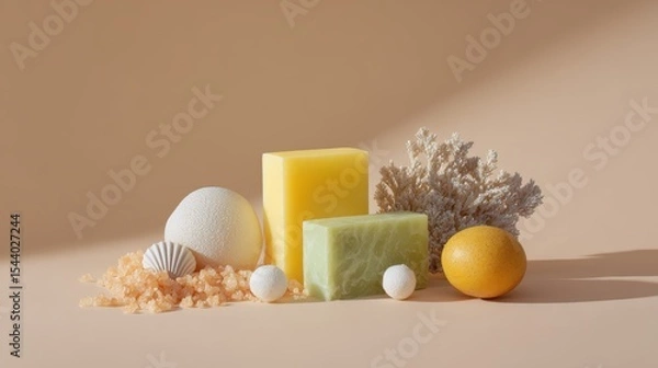 Obraz Minimalist soap and natural elements arrangement on beige background