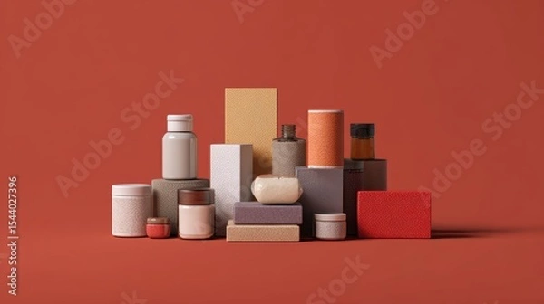 Obraz Assorted skincare and beauty containers on red background