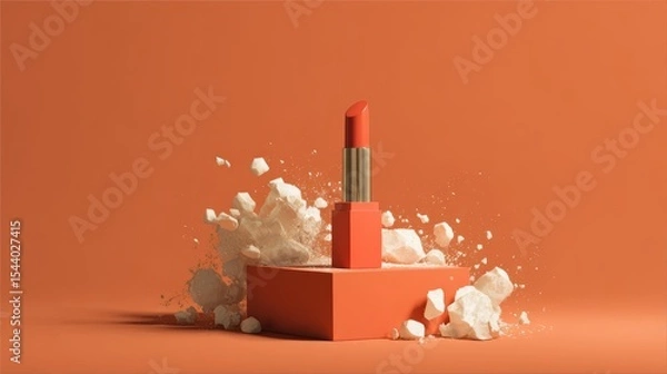 Obraz Vibrant orange lipstick on display with dynamic splash of white powder
