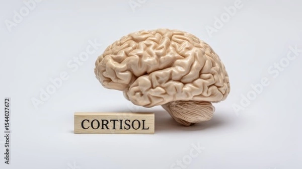 Obraz Human brain model with cortisol sign displayed on white background