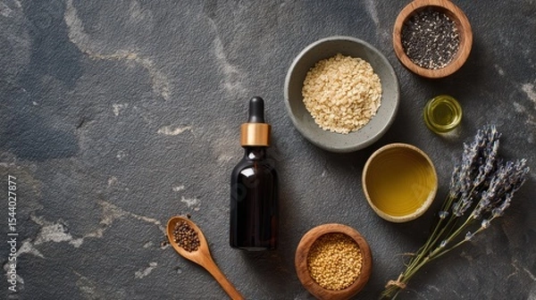 Obraz Aromatherapy essentials with oil bottle and natural ingredients on stone surface