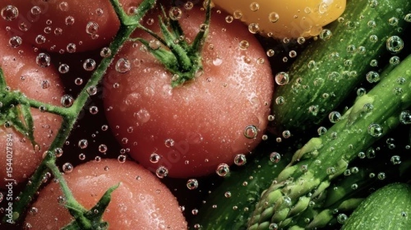 Obraz Fresh tomatoes cucumber asparagus with water droplets up close
