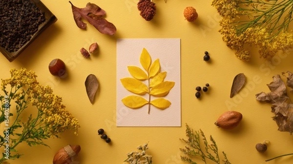 Obraz Autumn botanical arrangement with yellow leaves on textured paper