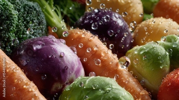 Obraz Fresh colorful vegetables with water droplets: broccoli, carrots, purple cabbage, brussels sprouts