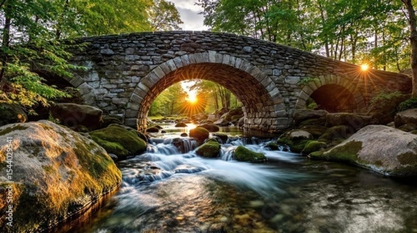 Fototapeta Stone arch bridge over a flowing stream at sunset. Lush greenery surrounds