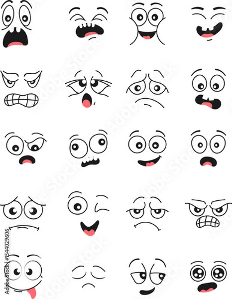 Fototapeta Hand-drawn doodle cartoon faces with various emotional expressions such as love, sadness, anger, confusion, and happiness. A large set of expressive comic-style eyes and mouths, perfect for emoji 