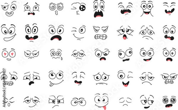 Fototapeta Hand-drawn doodle cartoon faces with various emotional expressions such as love, sadness, anger, confusion, and happiness. A large set of expressive comic-style eyes and mouths, perfect for emoji 