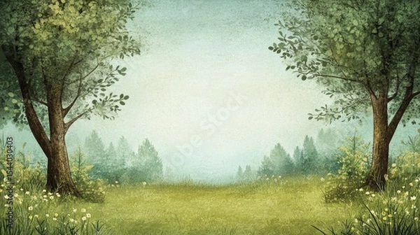 Fototapeta Lush green meadow with trees under a hazy sky.