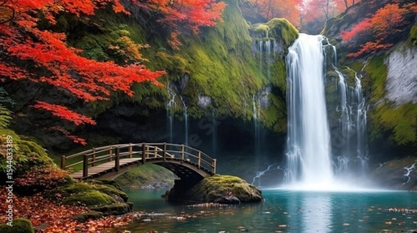 Fototapeta Vibrant autumn waterfall scene with a small bridge crossing a crystal clear pool