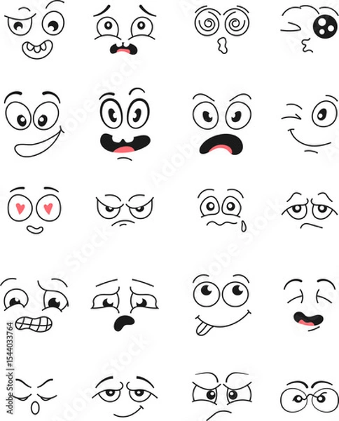 Fototapeta Hand-drawn doodle cartoon faces with various emotional expressions such as love, sadness, anger, confusion, and happiness. A large set of expressive comic-style eyes and mouths, perfect for emoji 