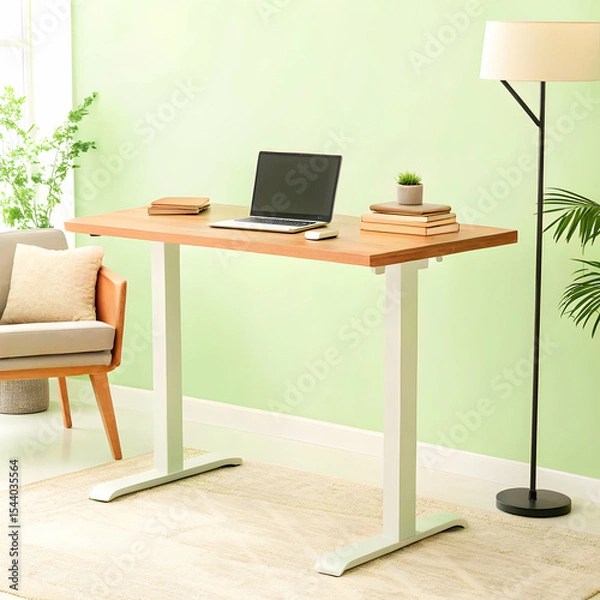Fototapeta Home office setup with standing desk and neutral tones