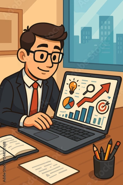 Fototapeta Businessman at office desk planning business growth strategy on a laptop. Entrepreneur analyzing financial data report, charts, and graphs for success. Cartoon vector concept illustration.