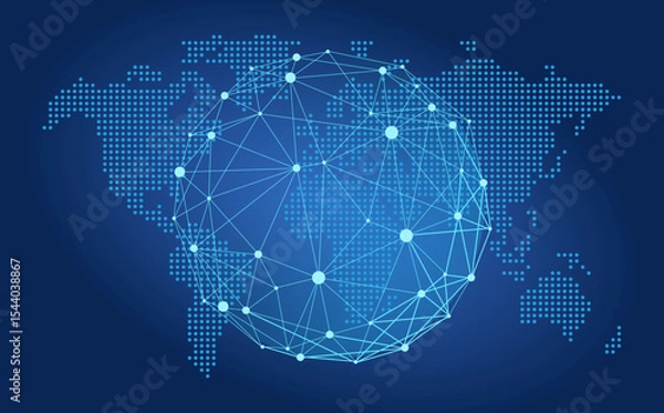Obraz Quantum abstract circles background for global data concept, blue tones connected dots sphere lines wireframe pattern and a world map behind, concept of data science, technology, ai
