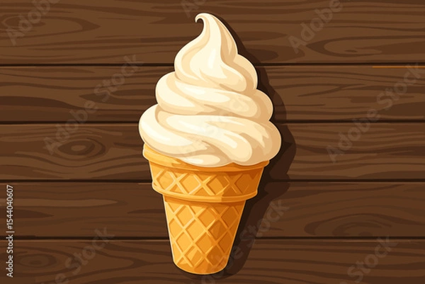 Fototapeta Delicious creamy vanilla soft serve ice cream cone on rustic wooden background, sweet dessert vector illustration, swirled waffle cone summer treat, cartoon dairy snack, no text design