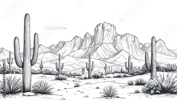 Fototapeta Desert landscape with cacti, and mountains.