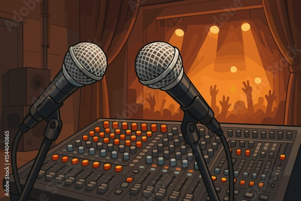 Fototapeta Professional dynamic microphones and audio mixing console on soundboard in concert backstage setting, vector cartoon illustration of live music production and event sound engineering