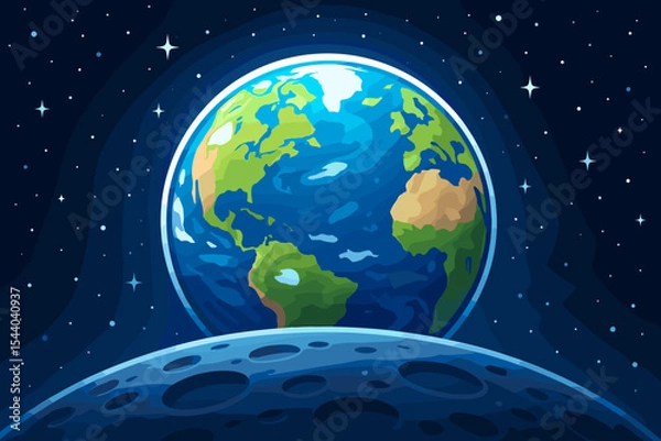 Fototapeta Earth Rising: Spectacular Blue Planet Vector Cartoon Illustration from Space, Vibrant Global Cosmic View Above Moon Surface, Environment, Science, Astronomy Concept