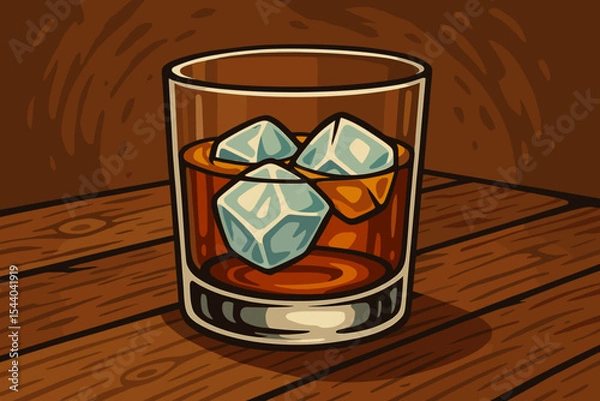 Fototapeta Whiskey glass with ice cubes on rustic wooden table, alcoholic drink, liquor beverage, detailed vector cartoon illustration, bar theme, classic spirit, cocktail night concept