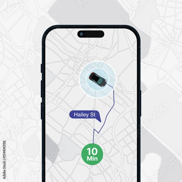 Fototapeta Smartphone GPS Tracking App – Car Route Tracing with Map, Destination Pin, and Arrival Time on Mobile Navigation Screen. Vector.
