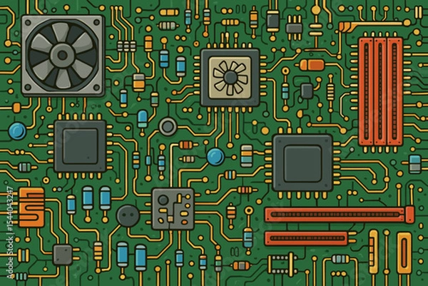 Fototapeta Detailed cartoon computer motherboard illustration. Electronic circuits, microchips, capacitors, resistors, cooling fans, hardware components, green PCB background. Vector seamless technology pattern.