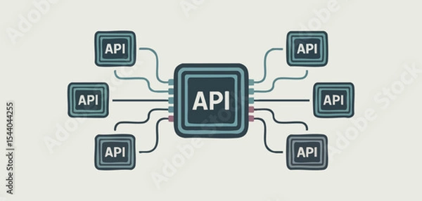 Fototapeta central api hub connected to multiple api endpoints, vector illustration for api gateway management, traffic control and software integration architecture