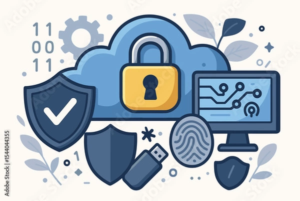 Fototapeta Cloud Data Security Protection with Modern Cybersecurity Technologies. Cartoon Vector Illustration Featuring Padlock, Shield, Biometric Fingerprint, Circuit, USB, Computer and Digital Elements