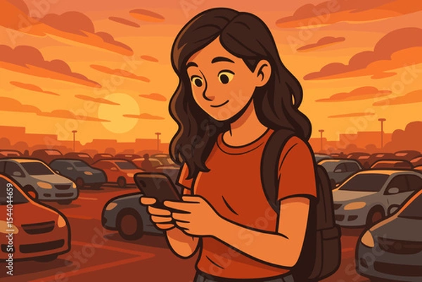 Fototapeta Young woman using a smartphone in a busy parking lot at sunset. Cartoon vector illustration of a girl texting, a concept of modern communication, technology, and urban lifestyle.