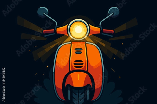 Fototapeta Retro scooter front view with glowing headlight, vibrant orange body, illuminated night ride, urban transportation, modern vector cartoon illustration on dark background, no text design