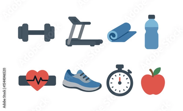 Fototapeta Fitness and exercise icons: dumbbell, treadmill, yoga mat, water bottle, heart monitor, shoe, stopwatch, apple