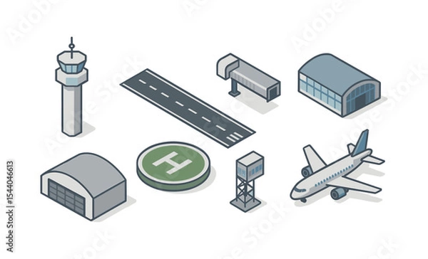 Fototapeta Isometric airport icons set with airplane, runway, control tower, and hangars