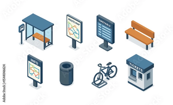 Fototapeta Isometric public transport icons featuring bus stop, route map, timetable, and bicycle stand