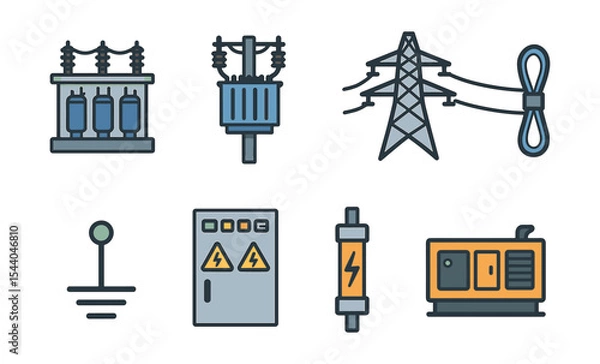 Fototapeta Electrical component icons: transformer, power lines, and generator illustrations