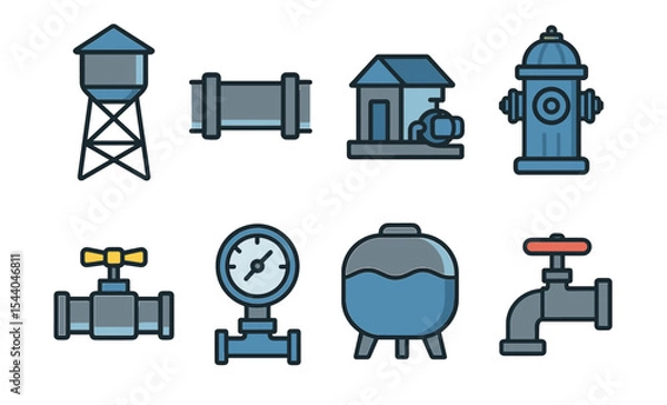Fototapeta Water supply and management icons set featuring hydrant, pipelines, and valves