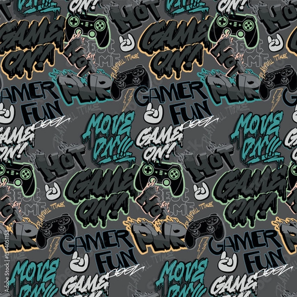 Obraz Street art lettering Seamless pattern with graffiti-style text, gaming icons, gamepads, phrases GAME ON, GAMER FUN, PWR, HOT, move on. Urban print for streetwear, gaming apparel, digital designs.