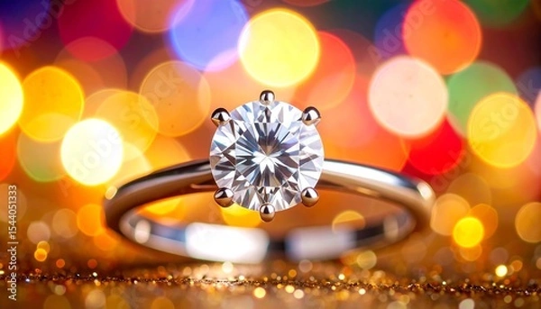 Fototapeta Diamond ring with festive bokeh background.