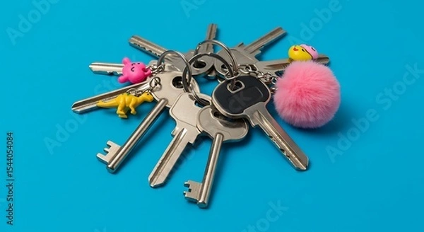 Fototapeta bunch of keys with keychain on a solid background