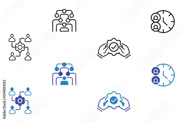 Fototapeta Collaboration line and flat icon set. Business, teamwork, meeting, partnership, work group, business people, conference, presentation, team action icons. Editable vector illustration