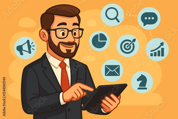 Obraz Digital marketing concept with businessman using tablet. Manager planning business strategy and growth. Icons for SEO, data analysis, email campaign, advertising, and social media.