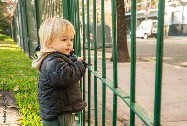 Fototapeta A young child is standing in front of a green fence