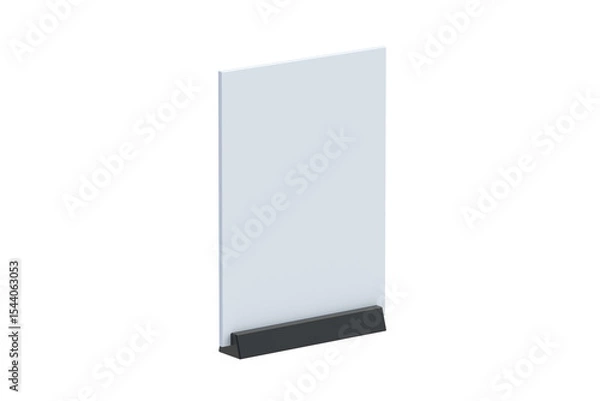 Fototapeta Blank acrylic desktop tent isolated on white background. Tabletop plexiglass sign. Price tag. Menu card display. 3d render
