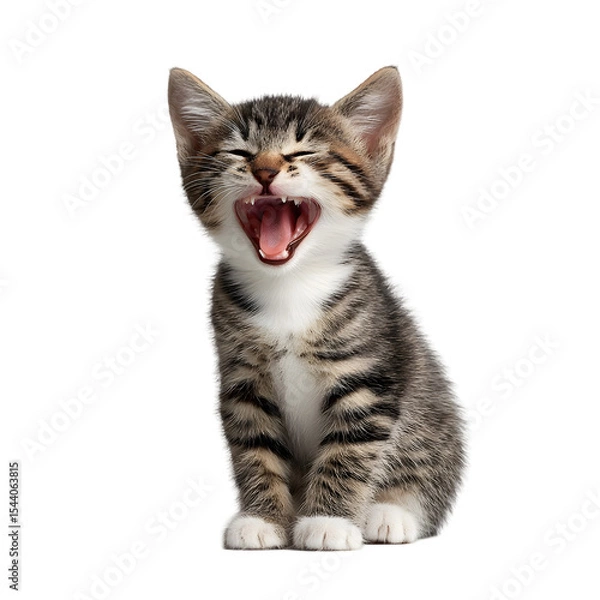 Fototapeta Adorable tabby kitten yawning widely showing tiny teeth and pink tongue isolated on transparent background