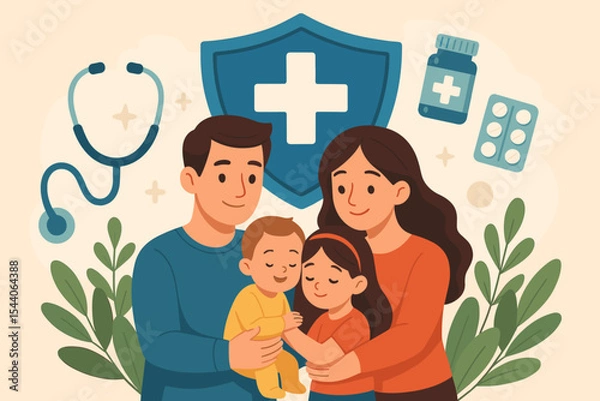 Obraz Family health insurance and medical protection concept. Happy parents with children safe under a big shield. Healthcare, life coverage, security, and well-being vector cartoon.