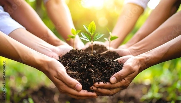 Obraz Hands holding sapling with new growth.