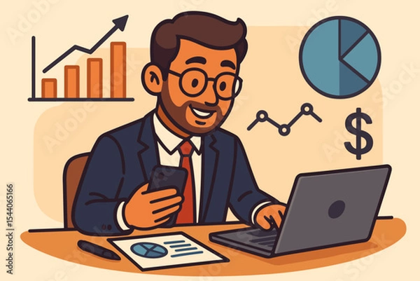 Obraz Entrepreneur analyzing financial data on smartphone and laptop for strategic planning. Business success and profit growth concept with charts and graphs. Vector cartoon illustration.