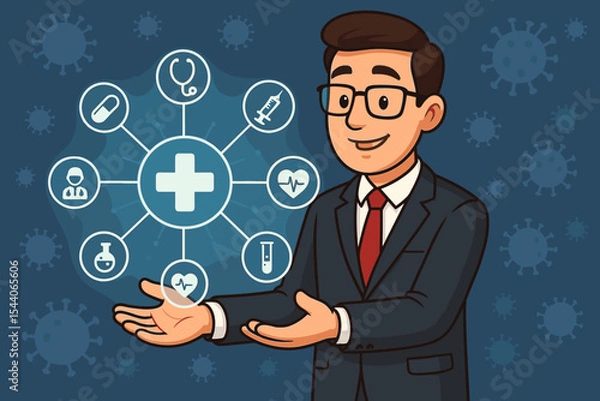 Fototapeta Businessman Presenting Virtual Medical Network Connections with Healthcare Icons, Digital Health Technology, COVID-19 Pandemic, Virus Background, Medical Services, Vector Illustration
