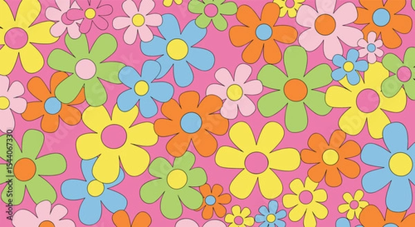 Fototapeta Colorful Floral Pattern with Retro Style Blooming Flowers Design