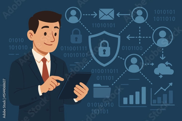 Fototapeta Businessman Uses Tablet for Cyber Security Analysis, Data Protection, Network Connection, Cloud Storage, Digital Privacy, Encryption, Secure Communication, Vector Illustration