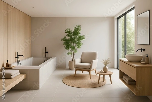 Fototapeta Modern open-plan bathroom with built-in tub and a lounge area with armchair