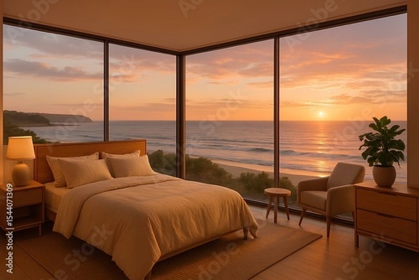 Fototapeta Corner studio bedroom with two glass walls, coastal view, and soft sunset lighting