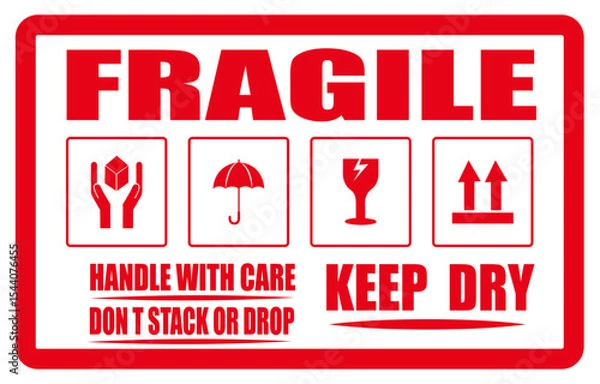 Obraz Fragile warning label for safe packaging. Red fragile sticker with caution iconsA red and white fragile sticker with care instructions and handling symbols for shipping packages